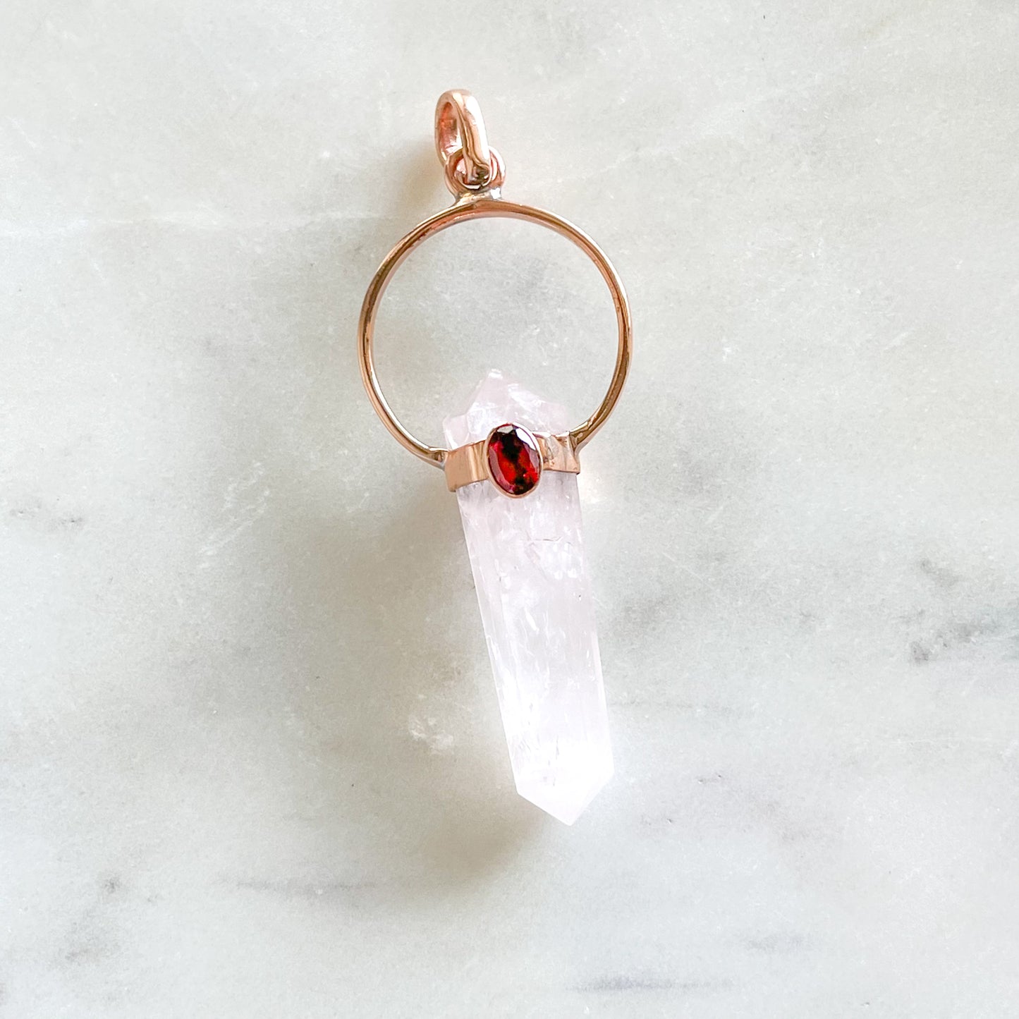 Rose Quartz, Ruby + Copper Pendant