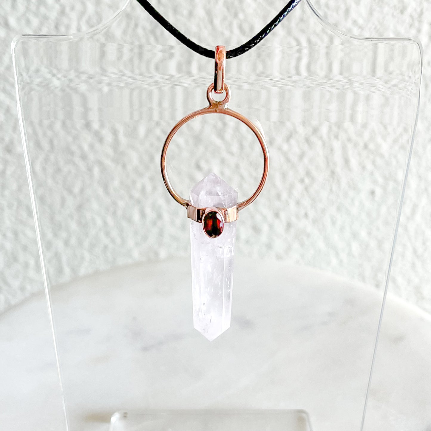 Rose Quartz, Ruby + Copper Pendant