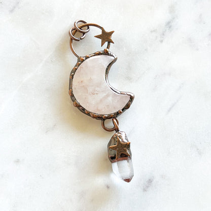 Rose Quartz + Copper Moon Pendant - A